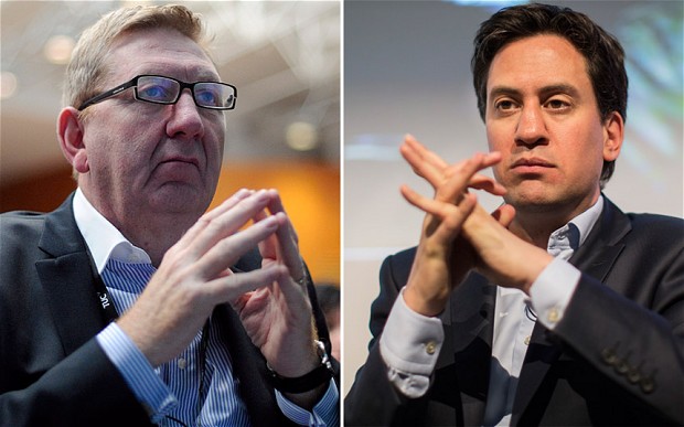 Unite General Secretary Len McCluskey left and Labour leader Ed Miliband right